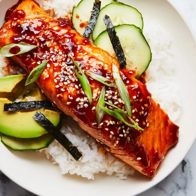 A vibrant Emily Mariko bowl featuring tender gochujang glazed salmon, fresh avocado slices, and crisp nori.