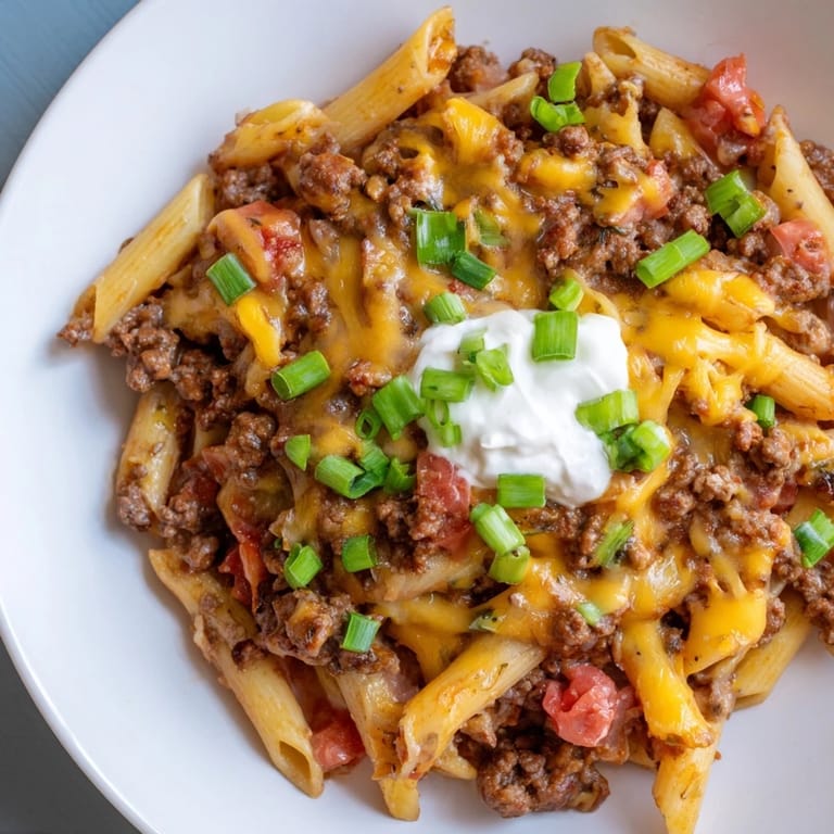One-pot taco pasta bubbling with savory ground beef, ready for a comforting weeknight dinner.