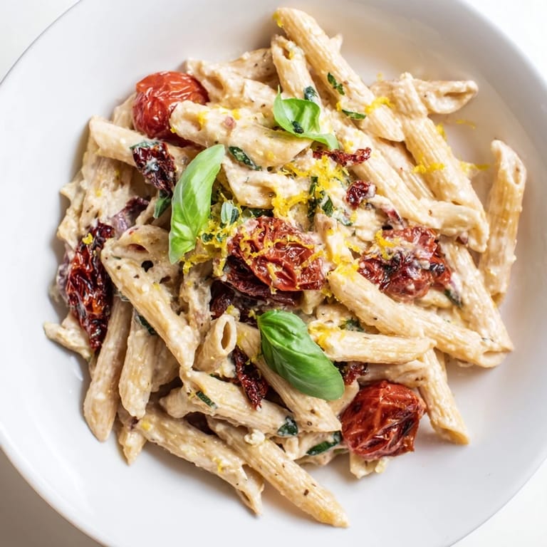 This warm, comforting photo showcases Baked Feta Pasta: creamy sauce, pasta, baked feta, and sun-dried tomatoes.