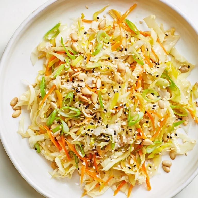 Freshly made Cabbage-Core Slaw Salad, dressed in a glossy sesame dressing, is ready to serve.