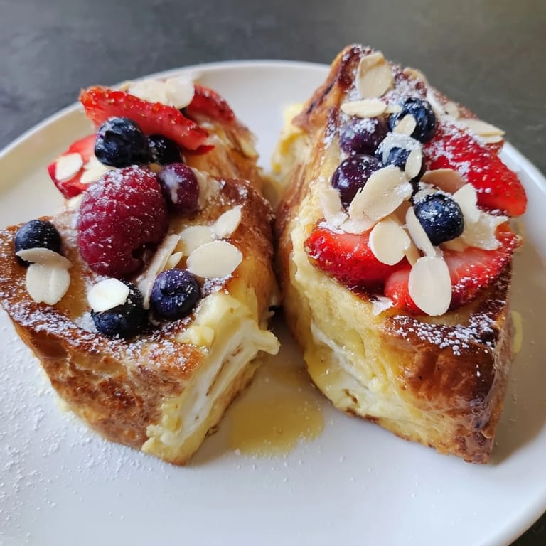 This image shows crispy-edged Custard Toast, featuring a soft custard center with optional fruit toppings.