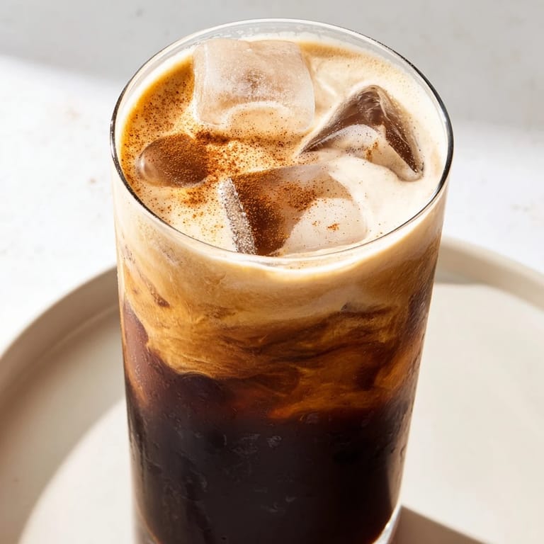 See a tall glass of cool Proffee Power Blend: chocolate protein coffee topped with a dusting of cocoa.