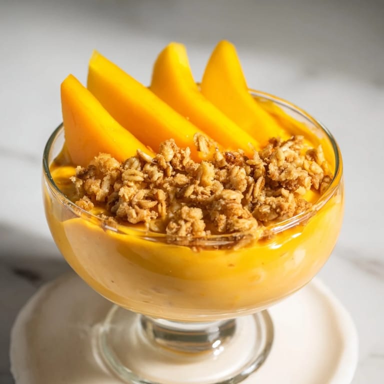 Bright orange Mango Blended Overnight Oats in a glass jar, topped with crunchy granola, ready to eat.
