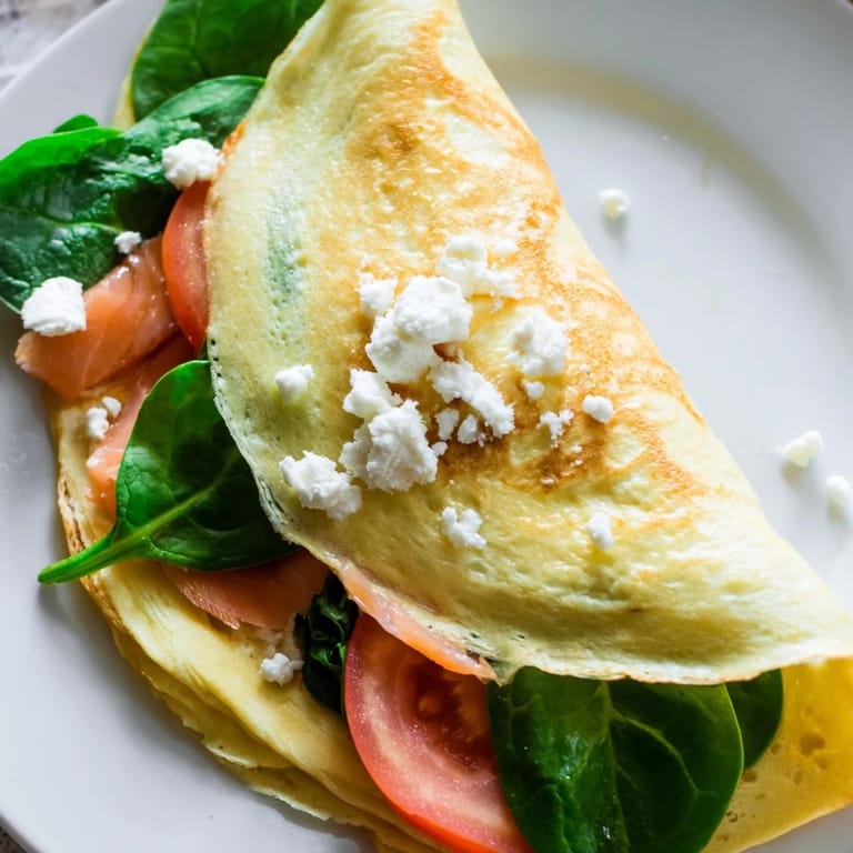 A prepared Blender-Egg Crepe Wrap showing fresh ingredients: avocado slices next to cooked ham inside.