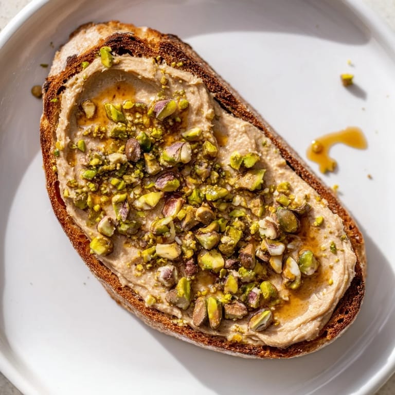 Close-up of a delightful Pistachio Butter Toast with a drizzle of honey, ready to enjoy.