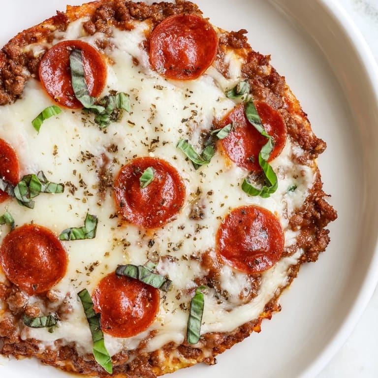 A bubbly, cheesy Meat Pizza Pepperoni Stack, showcasing a flavorful ground beef base and generous toppings.