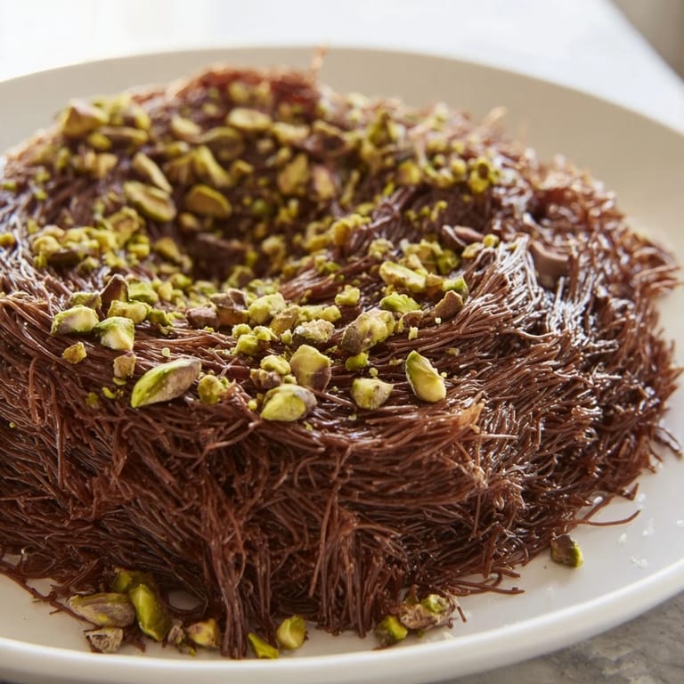 Imagine this: A close-up of Kataifi Chocolate Crunch Bark, scattered with crunchy pistachios and sea salt.