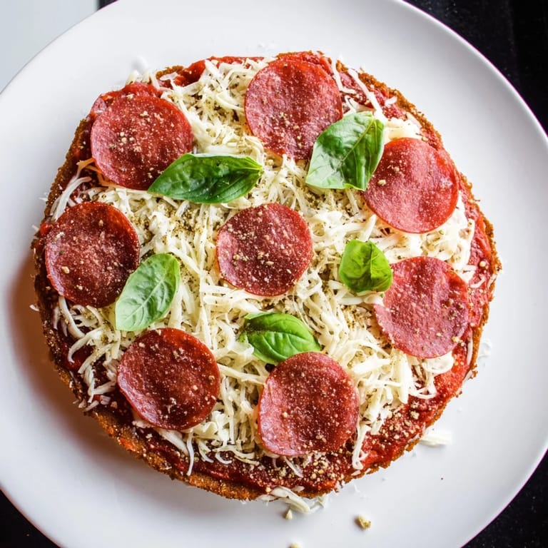 Close-up of a delicious ground beef pizza base, perfectly baked and garnished with fresh basil.