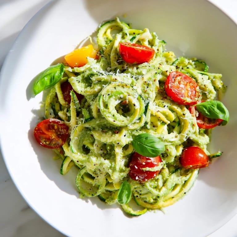 Creamy avocado pesto coats zoodles; imagine bright basil and a sprinkle of Parmesan on them.