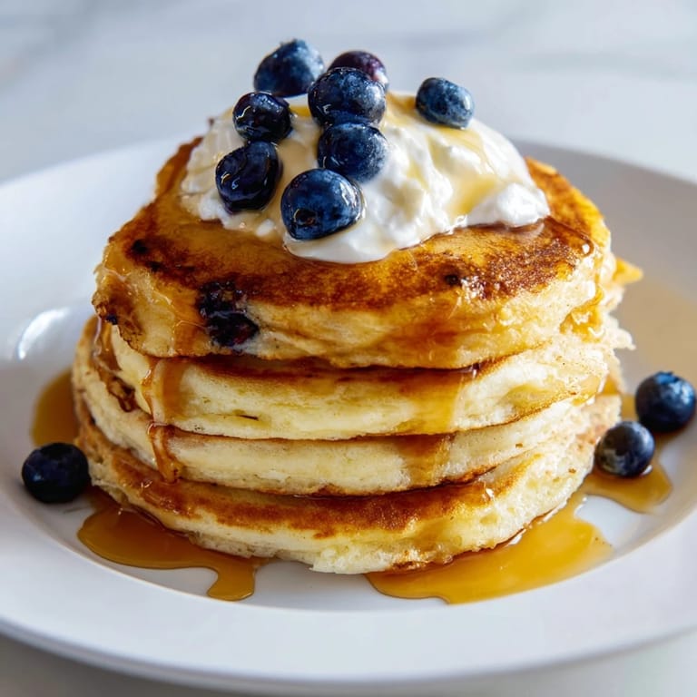 Golden cottage cheese pancakes, still steaming, are ready for delicious toppings like fruit and yogurt.
