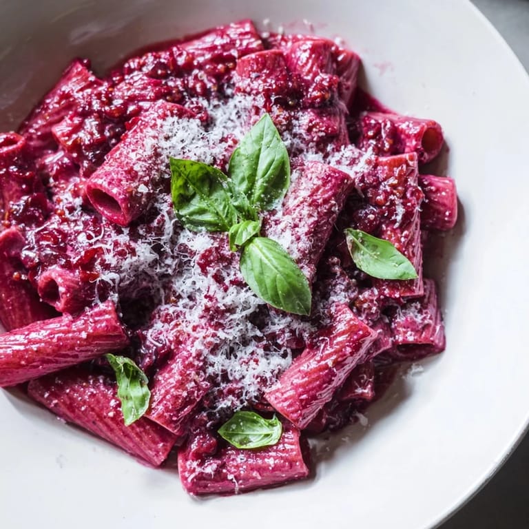 A beautiful bowl of Pink Pasta with Beet Cream, a rich and flavorful vegetarian Italian-inspired recipe, ready to eat.