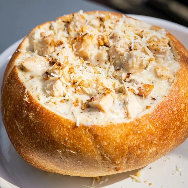 Steam rises from a baked bread bowl overflowing with tender chicken Alfredo, garnished with parsley and extra cheese.