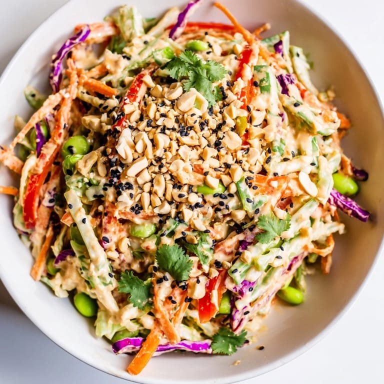 A refreshing Crunchy Thai Peanut Salad served in a bowl, featuring colorful vegetables and a tangy sesame-lime peanut sauce for dipping.