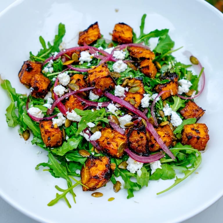 Colorful roasted sweet potato salad tossed in a zesty honey-lime dressing, featuring arugula, red onion, and feta cheese.