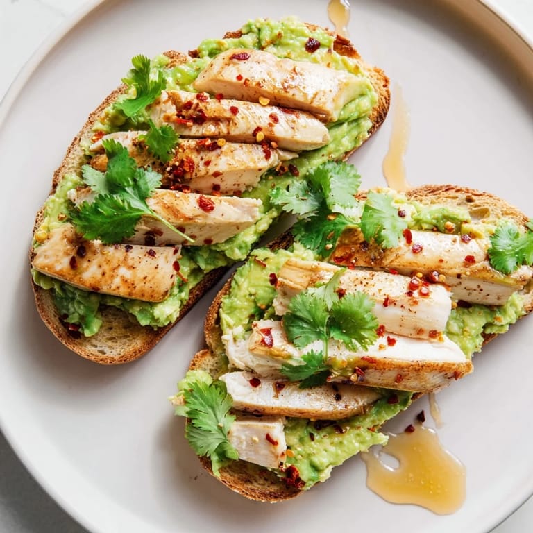 A close-up of Smashed Avocado Chicken Toast, garnished with fresh herbs and a drizzle of honey on rustic bread.  
