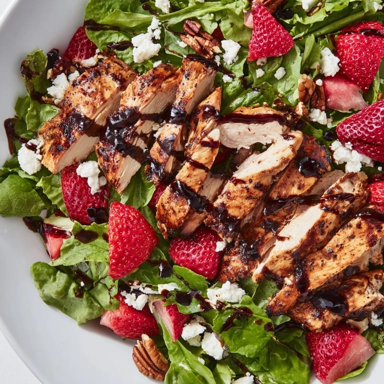A close-up of Strawberry Balsamic Chicken Salad topped with crumbled feta, toasted pecans, and a drizzle of sweet, tangy balsamic glaze.