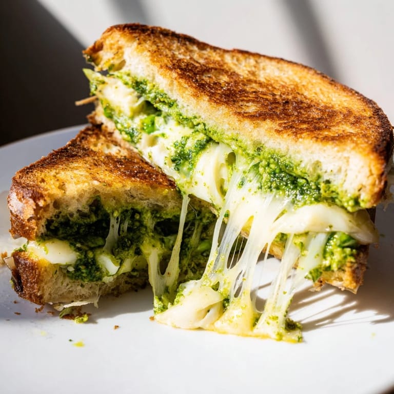 A close-up of a grilled cheese sandwich layered with fresh pea and basil pesto, crispy crust, and melted mozzarella inside.