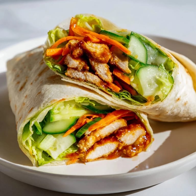 Warm flour tortilla wrapped around a vibrant filling of honey chili chicken, shredded carrots, and scallions, ready to eat.