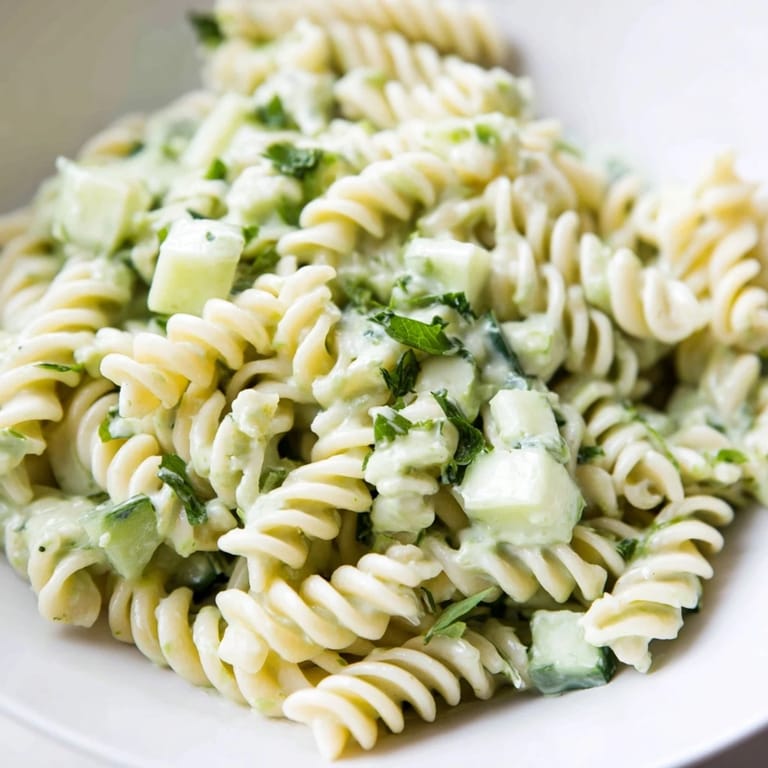 A serving of Green Goddess Pasta Salad in a white bowl, topped with fresh basil and parsley for a refreshing meal.
