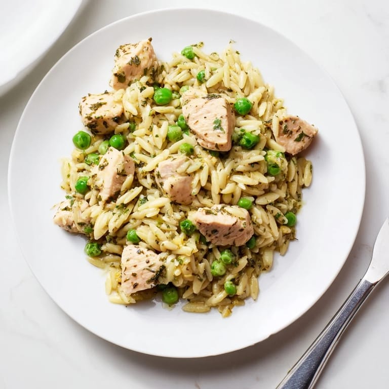 A close-up of the finished Lemon Herb Chicken Orzo Skillet reveals a vibrant, saucy main dish perfect for a light spring dinner.