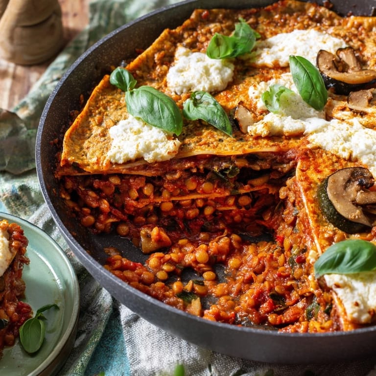 Layered slice of One-Pan Smoky Veggie Lentil Lasagne on a white plate, revealing hearty red lentils, mushrooms, and zucchini.  