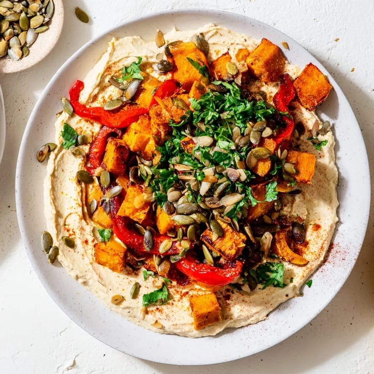 A close-up of a nourishing Roast Squash and Hummus Winter Salad, featuring roasted vegetable medley over creamy hummus, sprinkled with crunchy seeds and a dash of smoked paprika.