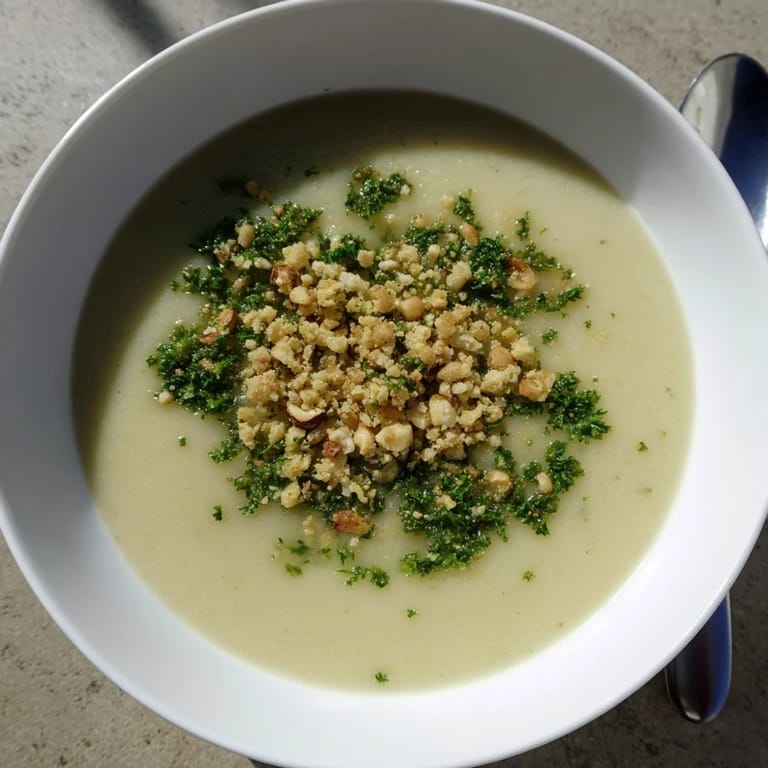 Silky celeriac soup topped with crunchy hazelnut crumble, finished with fresh parsley for a vibrant, gluten-free vegetarian meal.