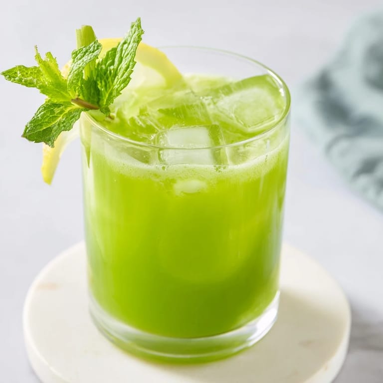 Close-up of Celery Ginger Lemon Juice in a mason jar, highlighting the refreshing texture and garnished with mint leaves for a vibrant morning beverage.