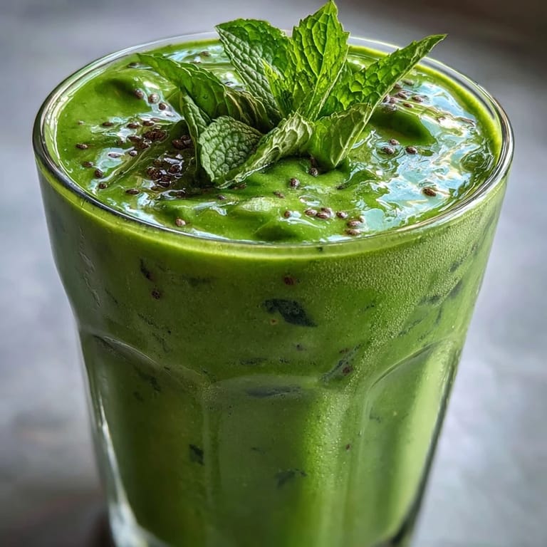 A refreshing green detox smoothie, blended smooth with fruits and refreshing mint.