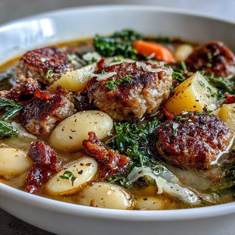 Delicious Tuscan White Bean Sausage Soup, creamy beans and savory sausage simmered to perfection.