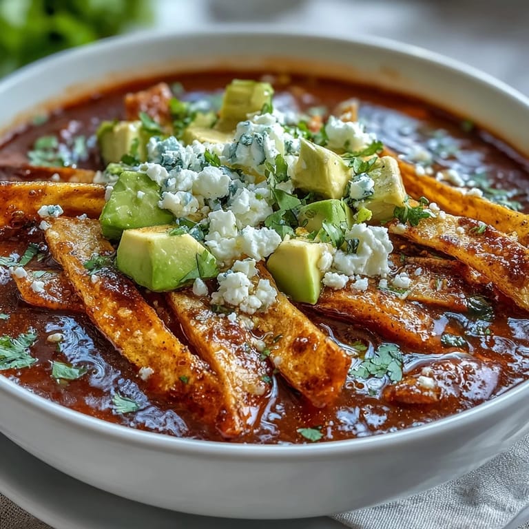 Smoky Sopa Azteca, a vibrant layered Mexican soup ready for garnishes.