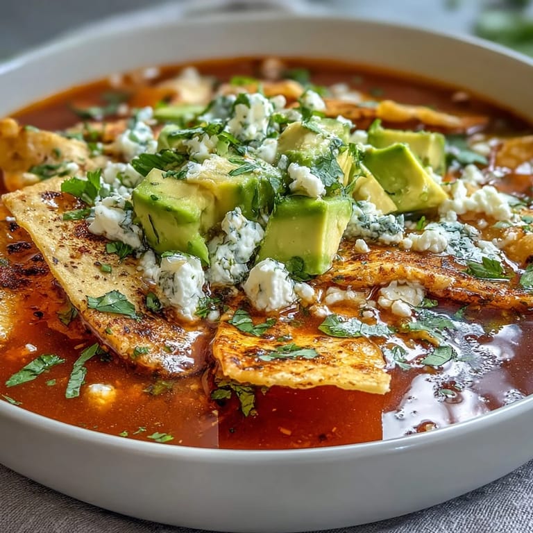 Hearty Sopa Azteca with a rich broth, fresh cilantro, and crunchy toppings.