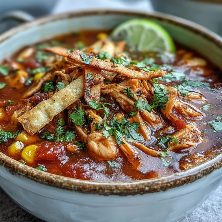 Spoon lifting a bite of Best Chicken Tortilla Soup featuring tender chicken, corn, and red peppers.