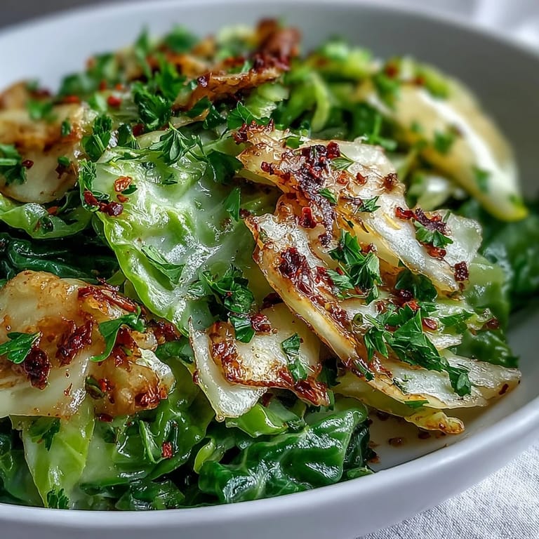 Tender green cabbage sautéed with garlic, cumin, and paprika, slightly caramelized edges in a skillet.