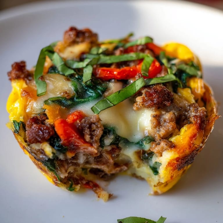 Colorful Spicy Lasagne Soup Egg Muffins topped with fresh basil and bursting with flavor.  