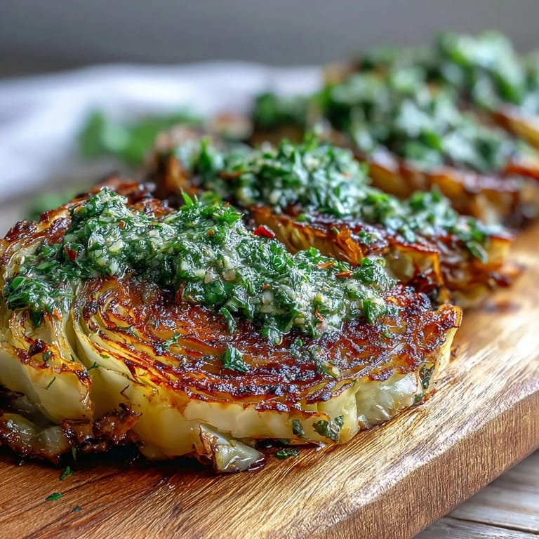 Perfectly roasted cabbage steaks drizzled with zesty jalapeño chimichurri, served as a bold vegan main or side dish.  
