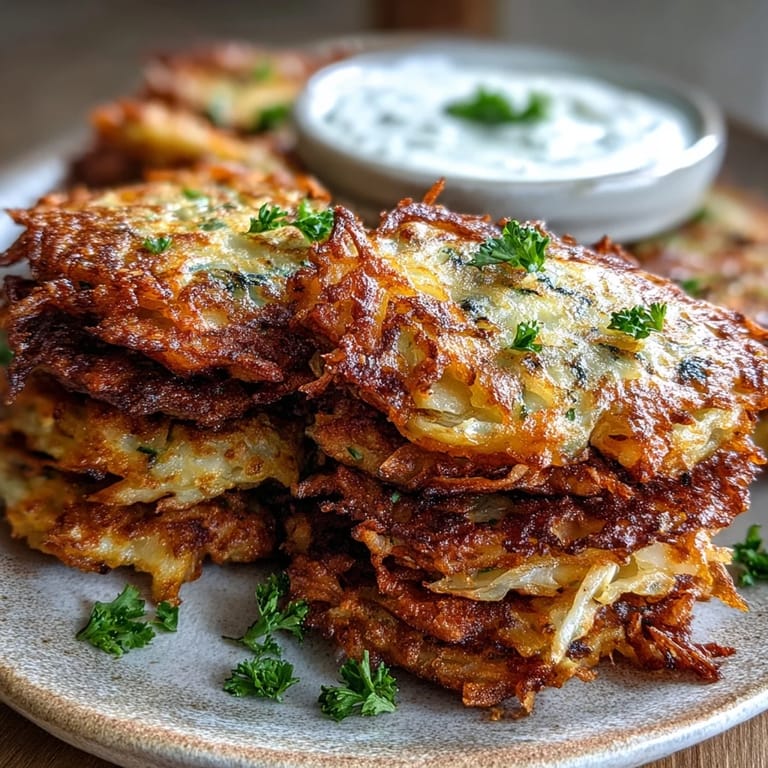 Freshly fried cabbage fritters, speckled with herbs, are stacked high and served next to a tangy yogurt dip.  