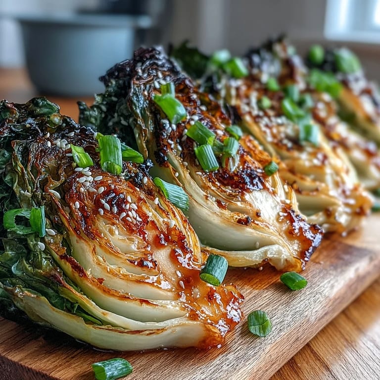 U.S. food blog style photo of miso butter roasted cabbage wedges, garnished with black pepper and toasted sesame seeds.