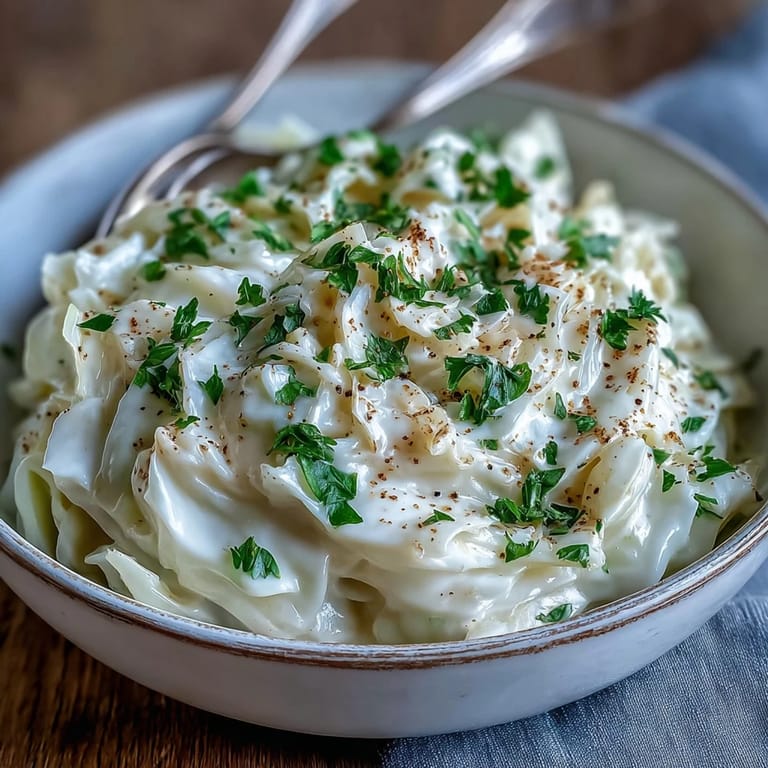 Creamed Cabbage featuring tender cabbage simmered in a light, nutmeg-scented cream sauce, served warm as a comforting European-style side.  