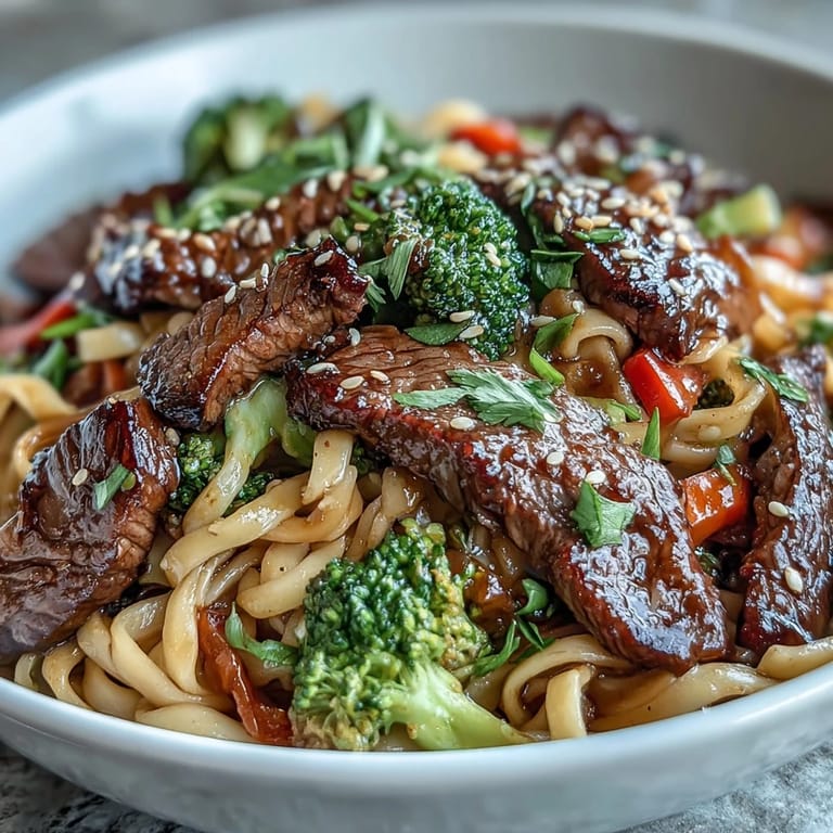 A sizzling skillet of Korean Beef Noodles with flank steak, broccoli, and bell peppers in glossy sauce