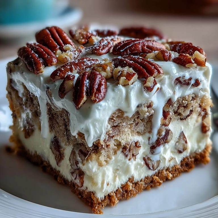 Moist Butter Pecan Tres Leches Cake layers soak up creamy milk syrup under fluffy whipped cream topping.