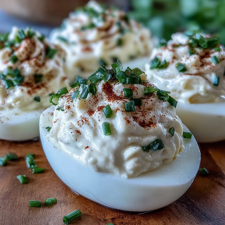Appetizer platter of Million Dollar Deviled Eggs featuring a smooth filling and a hint of paprika.