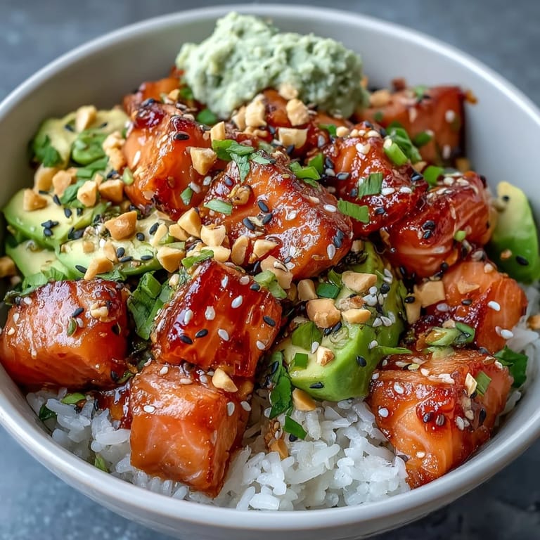 An overhead view of Avocado Salmon Bowl showing tender salmon cubes and avocado over sushi rice, drizzled with tamari sauce and garnished with spring onions.