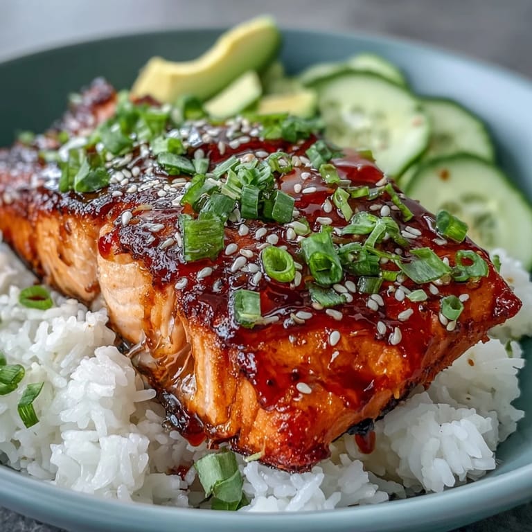 Freshly prepared Honey Sriracha Salmon Bowl with vibrant sliced avocado, cucumbers, and sesame seeds over steamed rice.