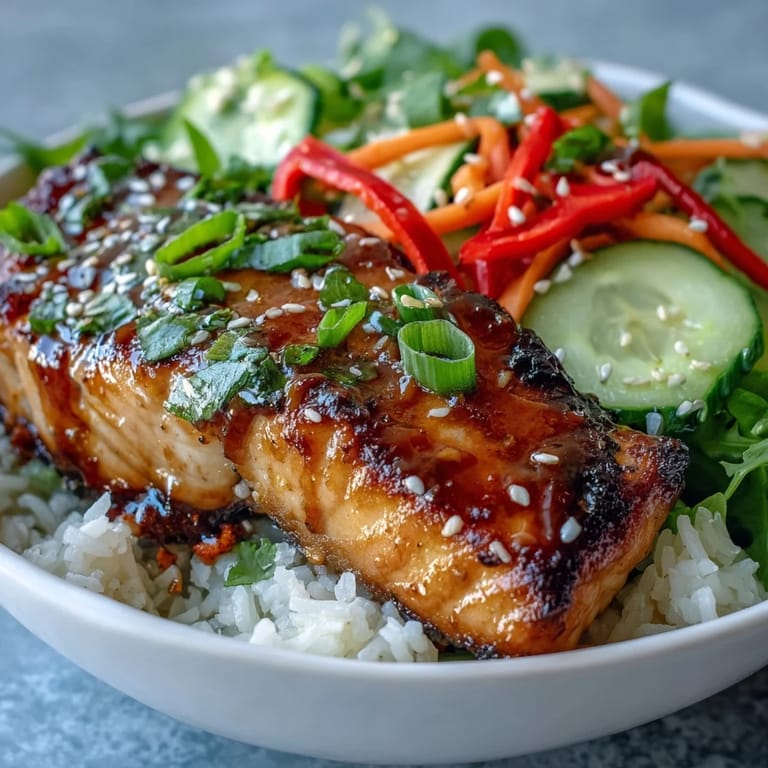 A close-up of a colorful Asian-inspired salmon bowl features tender salmon, steamed rice, and crisp veggies, finished with sesame seeds and scallions.