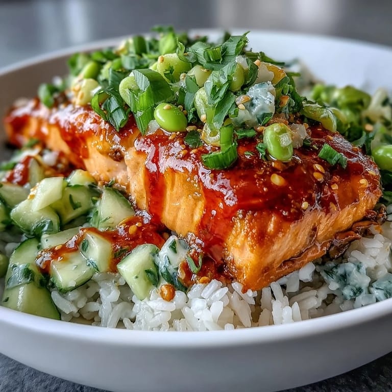 A close-up of tender salmon and edamame-cucumber salsa in a warm bowl of Bang Bang Salmon Bowl.