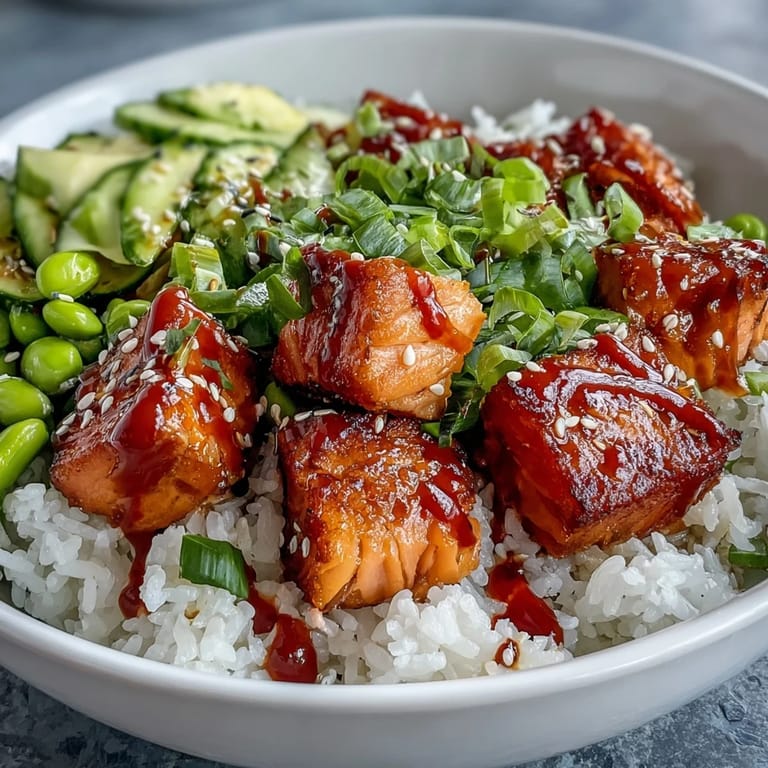 In this close-up Salmon Rice Bowl, baked salmon cubes glisten beside crisp cucumber and edamame, sprinkled with sesame seeds and green onions on warm rice.