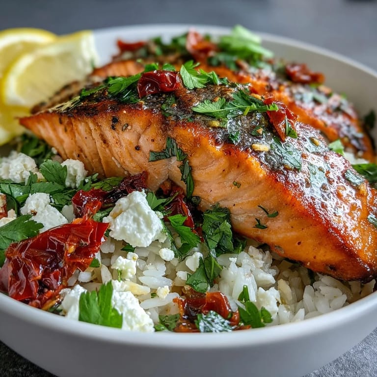 Flaky salmon rests atop golden crispy rice in a vibrant Mediterranean Salmon Bowl with colorful peppers and herbs.