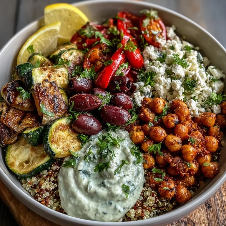 An overhead view of a Mediterranean Buddha Bowl featuring roasted veggies, chickpeas, quinoa, and dollops of hummus and Greek yogurt with fresh parsley.
