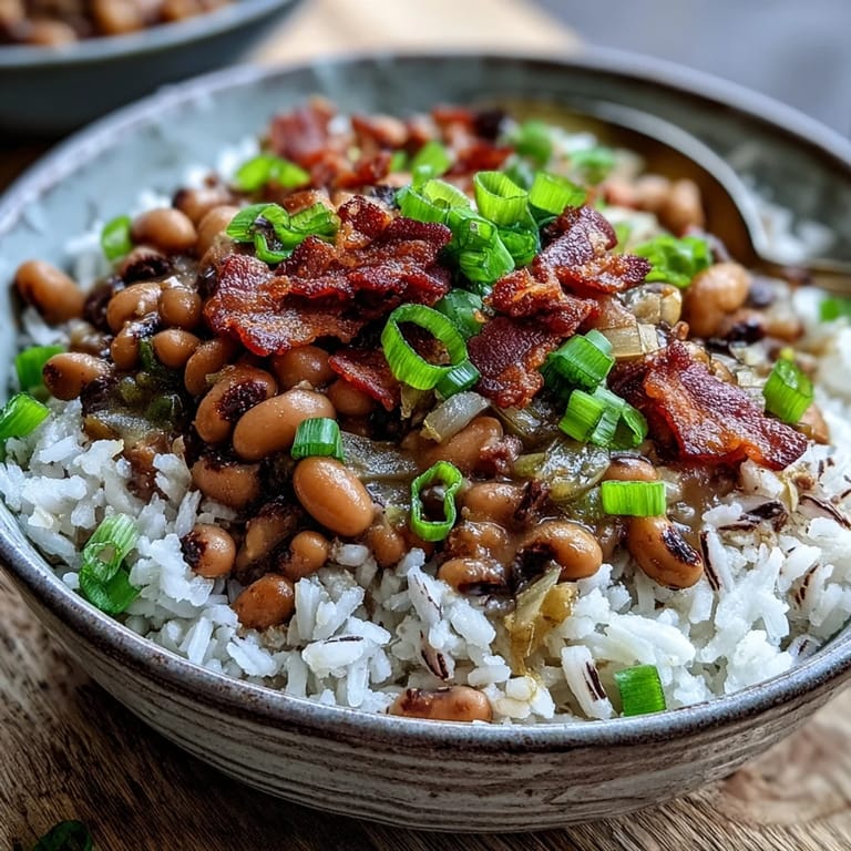 Hot Hoppin John and rice topped with scallions and a bottle of spicy hot sauce.